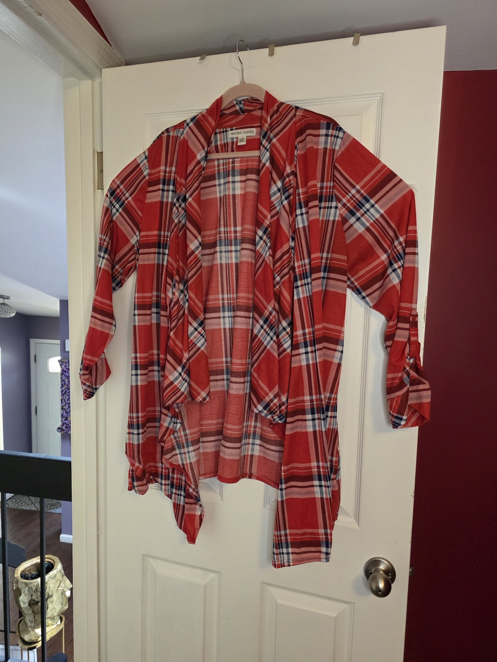 New York Laundry Red Plaid Open Front Cardigan